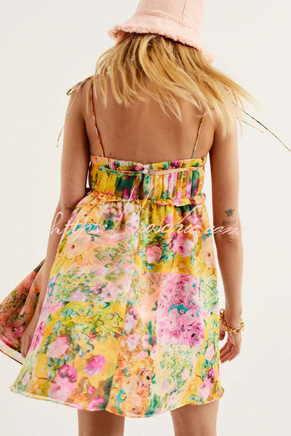 Floral Print Sling Lace Up Ruffled Mini Dress