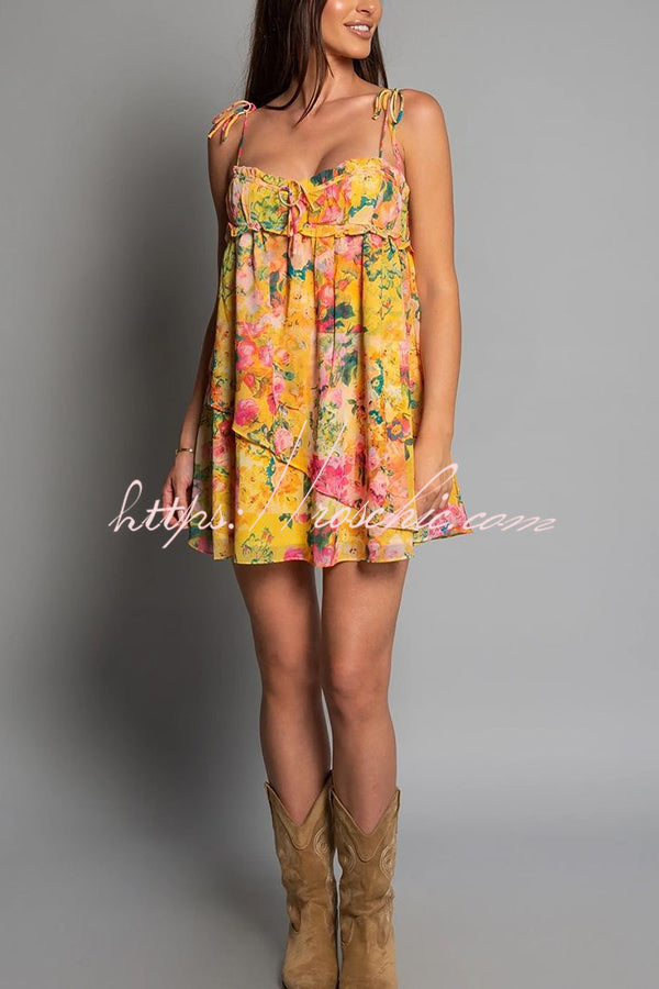 Floral Print Sling Lace Up Ruffled Mini Dress