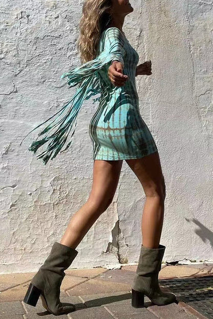 Tie Dye Long Sleeves Tassle Mini Dress