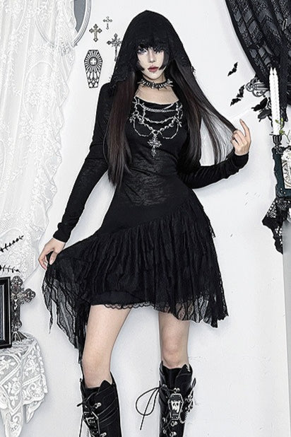 Cross Lace Print Hooded Mini Dress