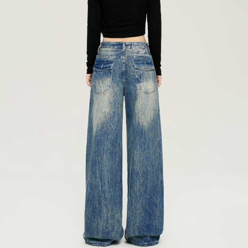 Embroidery button pocket zip-up straight leg | Baggy Low Rise Jeans  | Festival Outfits Women
