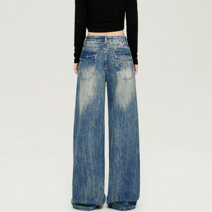 Embroidery button pocket zip-up straight leg | Baggy Low Rise Jeans  | Festival Outfits Women
