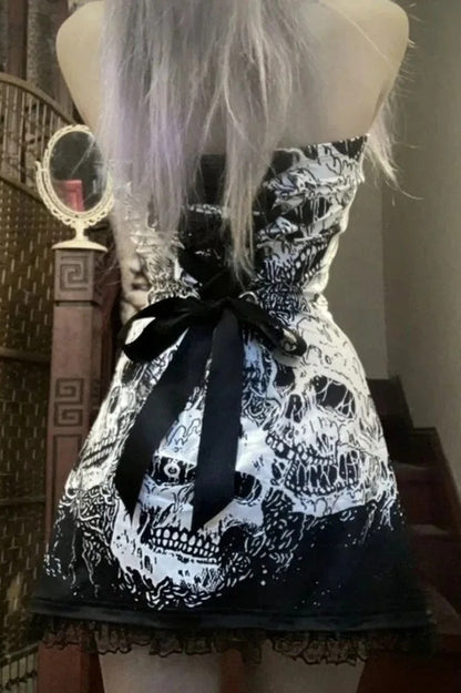 Punk Skull Print Patchwork Mini Dress