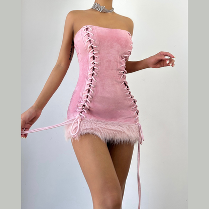 Lace up fluffy tube mini dress  | Festival Outfits Women