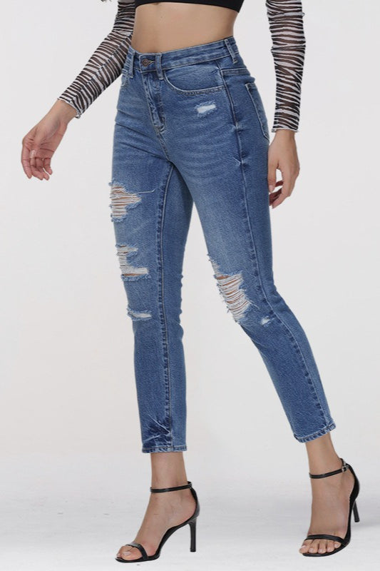 Blue Ripped High-Waisted Skinny Ankle Jeans