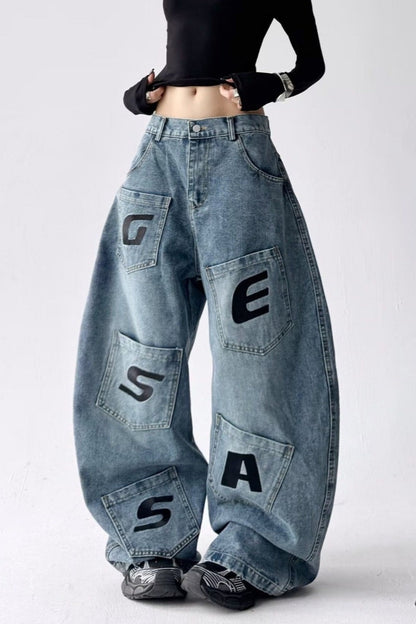Relaxed Fit Letter Print Draping Curved Leg Jeans