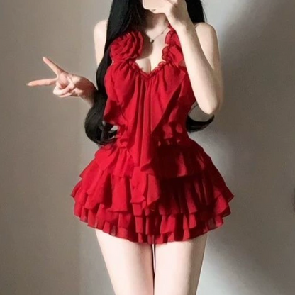Halter ruffle flower applique mini dress  | Festival Outfits Women