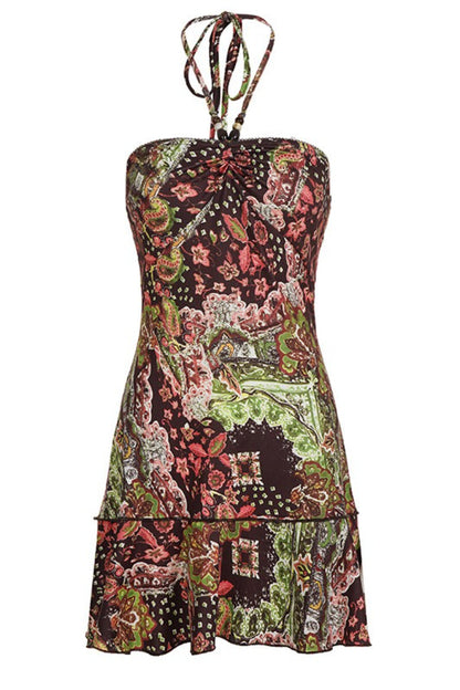 Halter Bandeau Retro Print Color Block Mini Dress
