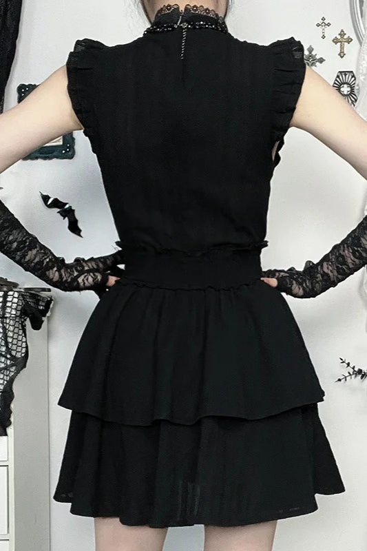 Dark Alt Gothic Sleeveless Lace Patchwork Slim Waisted Mini Dress