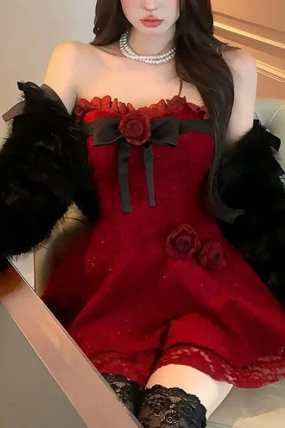 Plush Coat Rose Bow Gothic Y2K Lolita Mini Dress