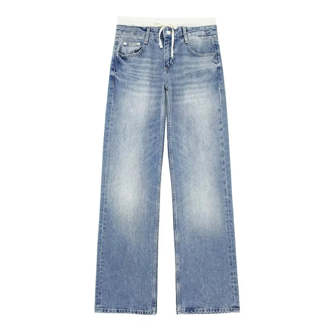 Women's Vintage Mid Waist Straight Leg Jeans with Lace Up Style | Great for All Seasons