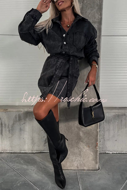 Adele Denim Button Up Belt Pocketed Long Sleeve Mini Dress