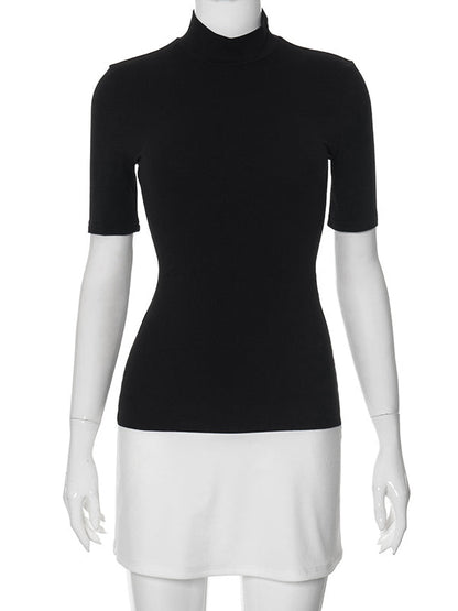Short Sleeves Skinny Contrast Color Split-Joint High Neck Mini Dresses