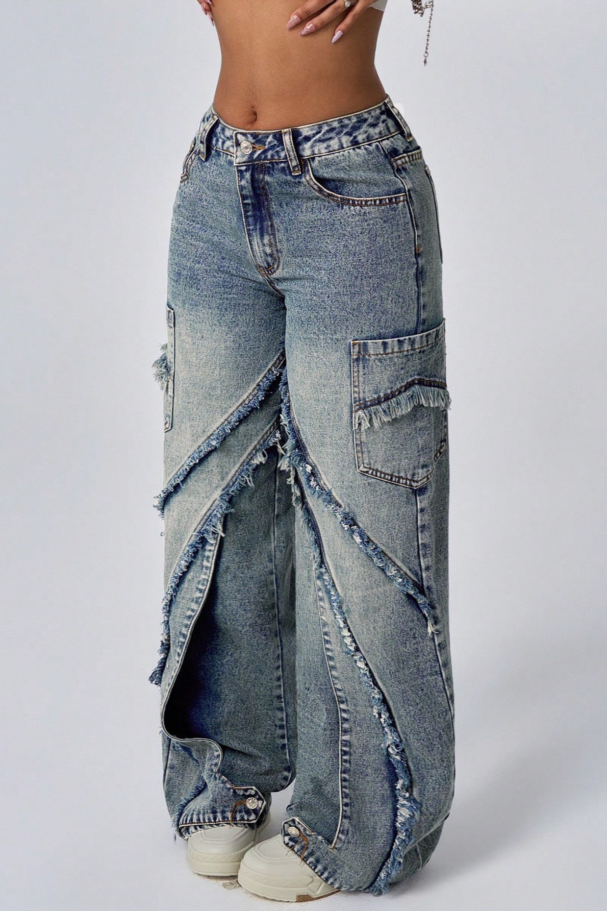 Frayed Patchwork Wide-Leg Loose Denim Jeans