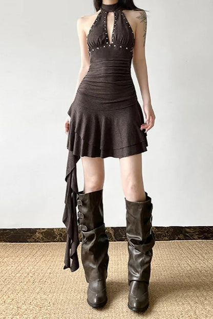 Dark Vintage Halter Backless Rivet Mini Dress