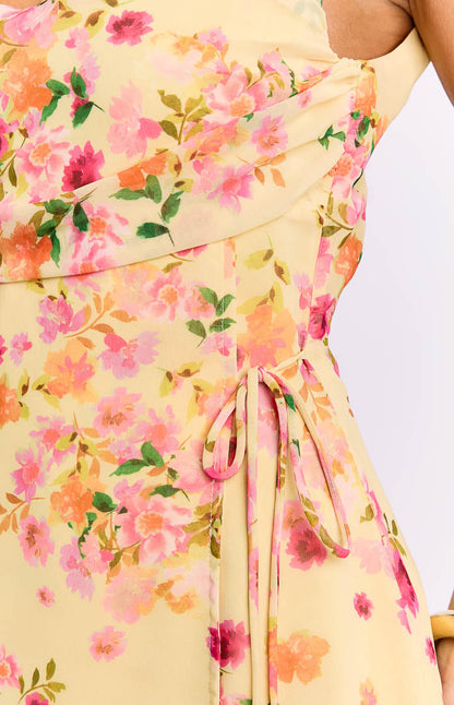 Aveta Yellow Bloom Tie Mini Dress