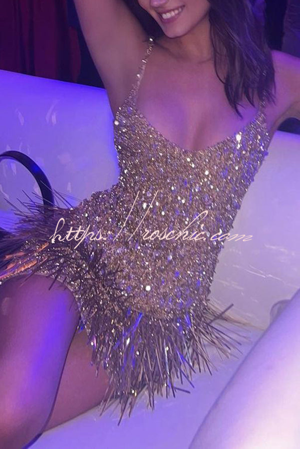 Sparkle City V Neck Strappy Fringed Sequin Mini Dress