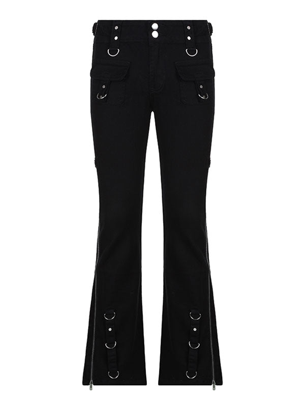 Zipper Design Low Waist Flare Cargo Jeans