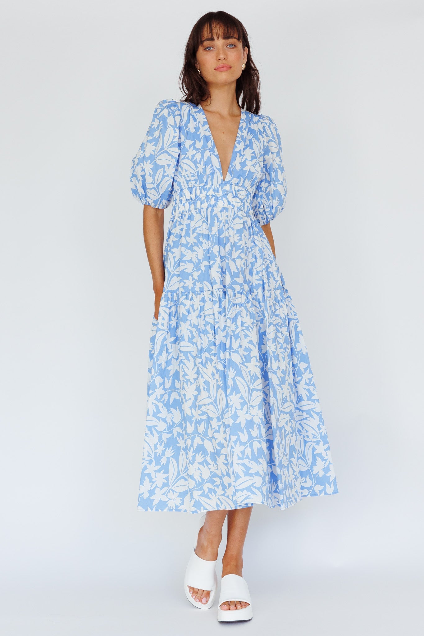 Summer Land V-Neckline Midi Dress Floral Blue