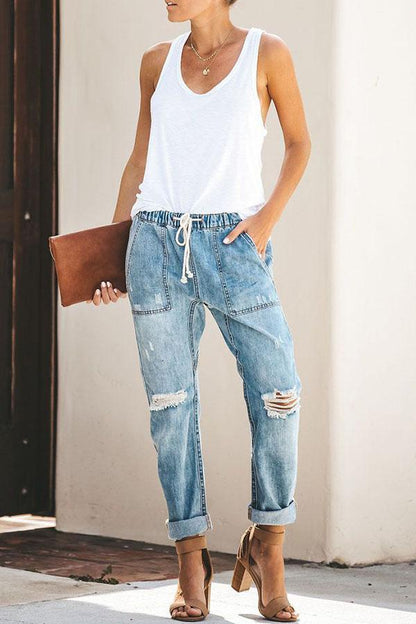Loose Drawstring Blue Jeans