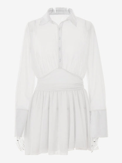 Skater Dresses Turndown Collar Long Sleeves Sexy Mini Dress