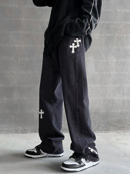 Men's Washed Cross Design Straight Jeans