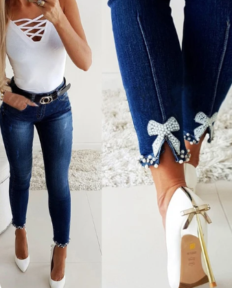 Women's Casual Skinny Jeans with Beaded Slit Pearl Ribbon | Great for Casual Days
