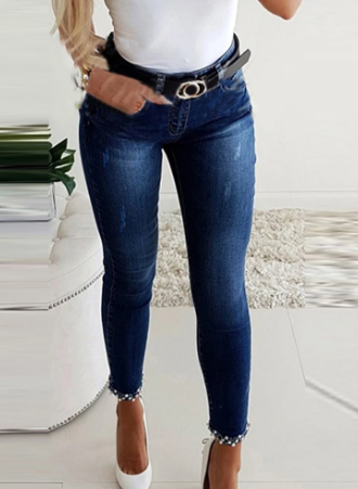 Women's Casual Skinny Jeans with Beaded Slit Pearl Ribbon | Great for Casual Days