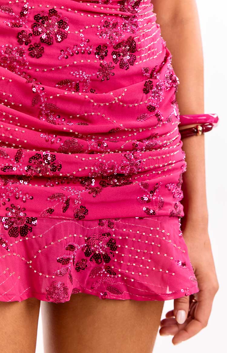 Denver Hot Pink Strapless Beaded Party Mini Dress