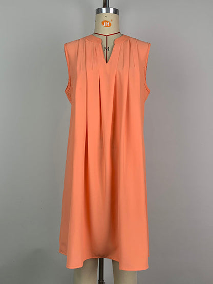 Loose Sleeveless Pleated Solid Color V-neck Mini Dresses