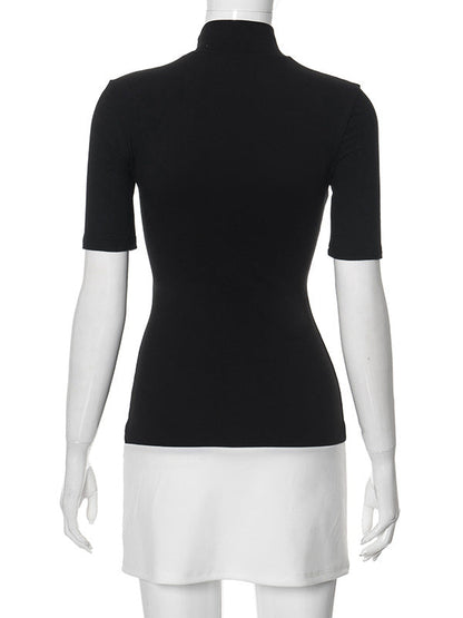 Short Sleeves Skinny Contrast Color Split-Joint High Neck Mini Dresses