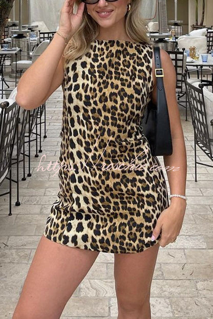 Leopard Print Round Neck Sleeveless Slim Fit Hip Mini Dress