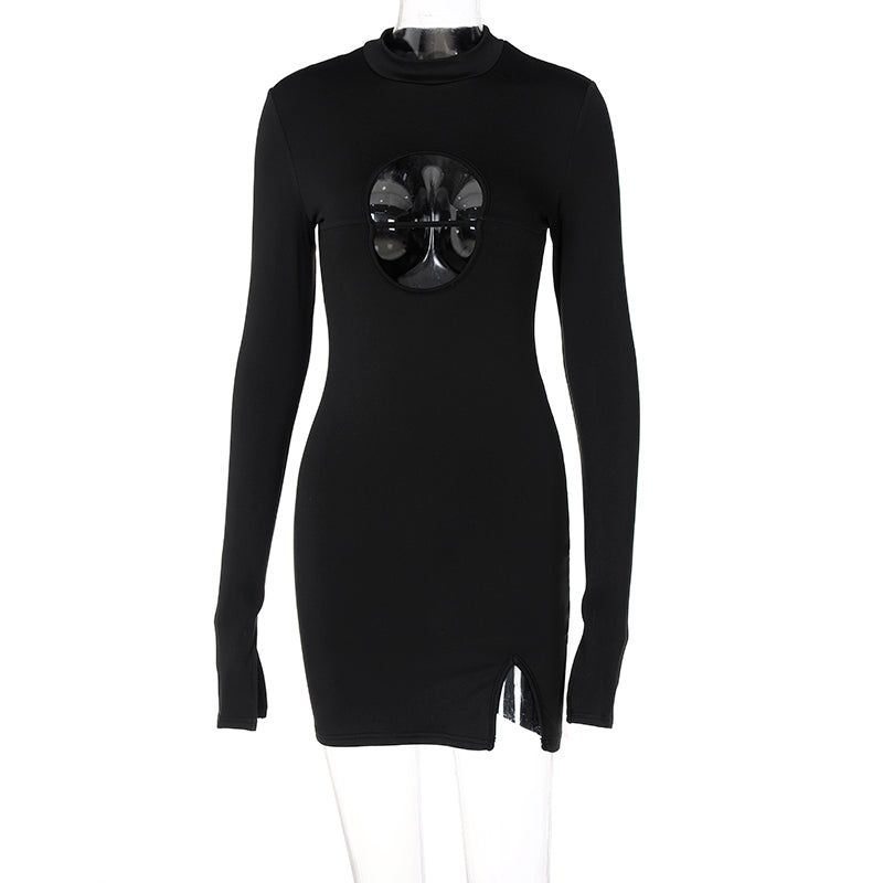 Voguable Long Flare Sleeve O Neck Bodycon Hollow Out Mini Dress Winter Outfit Y2K Slim Streetwear