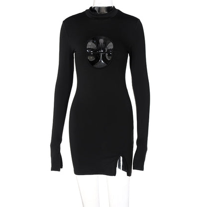Voguable Long Flare Sleeve O Neck Bodycon Hollow Out Mini Dress Winter Outfit Y2K Slim Streetwear