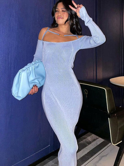 Voguable Ribbed Solid Slash Neck Slip Long Sleeves Bodycon Mini Dress  Elegant Streetwear Evening Party Y2K