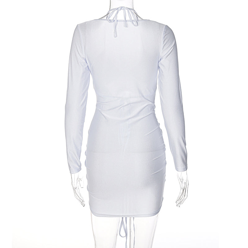Voguable Long Sleeve Bandage Hollow Out Ruched Bodycon Mini Dress  Winter Y2K Slim Streetwear Elegant