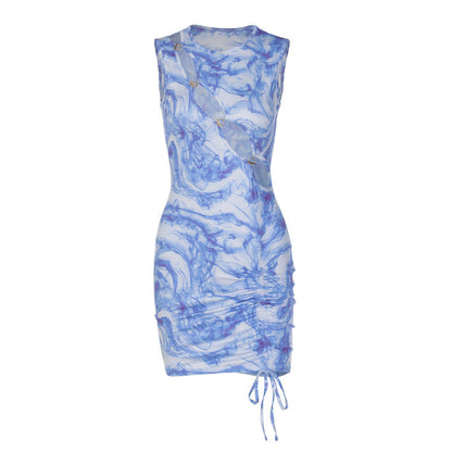 Voguable  Bandage Drawstrings Sleeveless Hollow Out Ruched Solid Bodycon Mini Dress  Streetwear Y2K Party Club