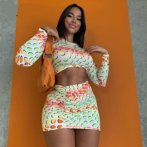 Voguable  Colorful Spot Print Long Sleeve Crop Top Pleated Mini Dress 2 Piece Set Y2K Streetwear Outfit Fashion