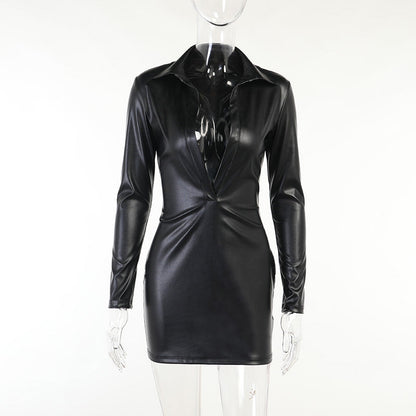 Voguable  Pu Leather Deep V Neck Long Sleeve Loose Mini Dress Winter Casual Streetwear Outfits Club Y2K