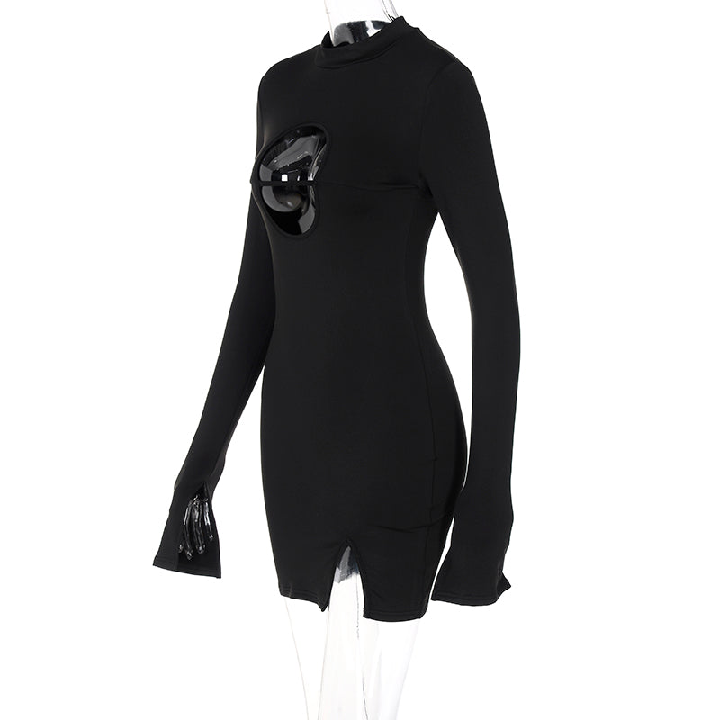 Voguable Long Flare Sleeve O Neck Bodycon Hollow Out Mini Dress Winter Outfit Y2K Slim Streetwear