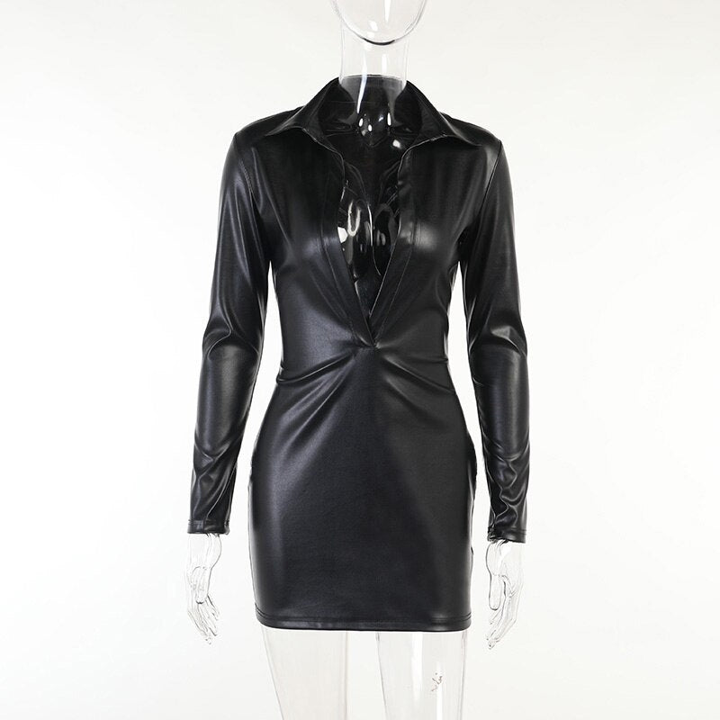 Voguable  Pu Leather Deep V Neck Long Sleeve Loose Mini Dress Winter Casual Streetwear Outfits Club Y2K