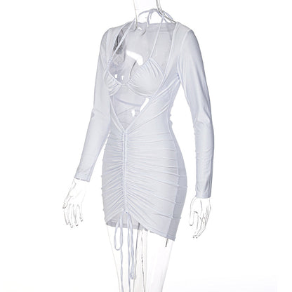 Voguable Long Sleeve Bandage Hollow Out Ruched Bodycon Mini Dress  Winter Y2K Slim Streetwear Elegant
