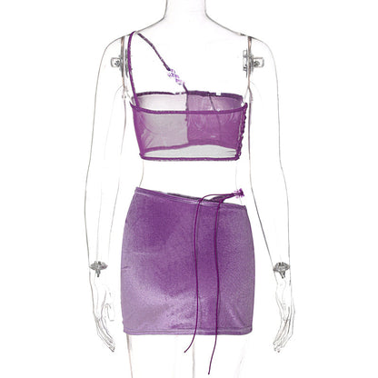 Voguable  Solid Slip Navel Sleeveless See Through Top Mini Dress Set Bodycon Party Elegant Club Y2K Robe Beach
