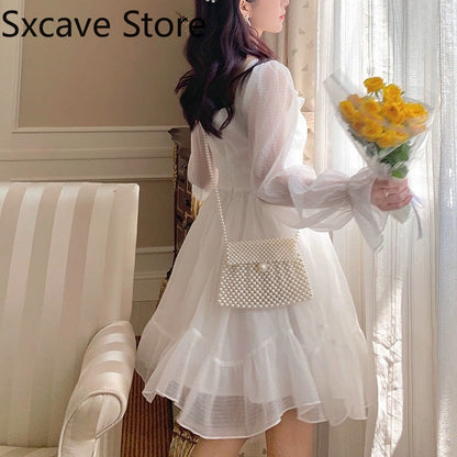 French Sweet Fairy Lolita Dress Long Sleeve Lace Y2k Mini Dress Vintage Kawaii Clothes One Piece Dress Korean spring