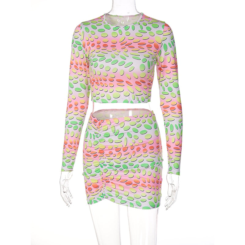 Voguable  Colorful Spot Print Long Sleeve Crop Top Pleated Mini Dress 2 Piece Set Y2K Streetwear Outfit Fashion