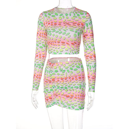Voguable  Colorful Spot Print Long Sleeve Crop Top Pleated Mini Dress 2 Piece Set Y2K Streetwear Outfit Fashion
