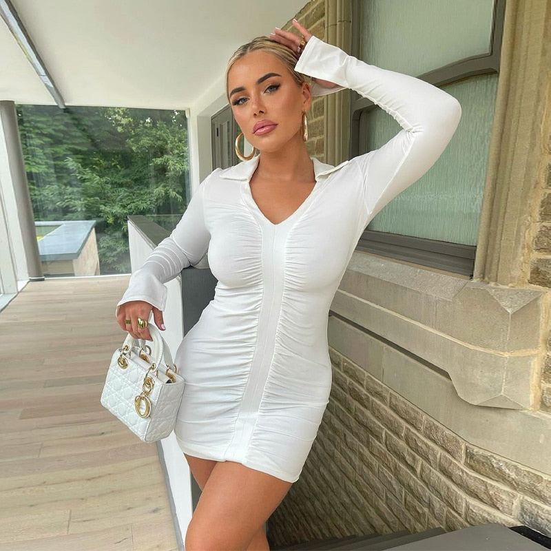 Voguable Solid Pleated Polo Neck Long Sleeves Mini Dress Streetwear Y2K Elegant Wear