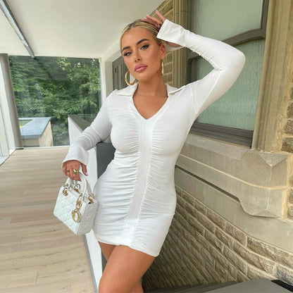 Voguable Solid Pleated Polo Neck Long Sleeves Mini Dress Streetwear Y2K Elegant Wear
