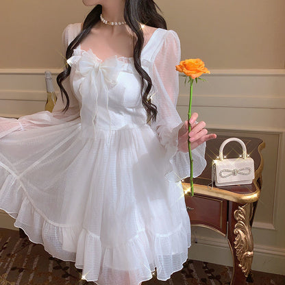 French Sweet Fairy Lolita Dress Long Sleeve Lace Y2k Mini Dress Vintage Kawaii Clothes One Piece Dress Korean spring