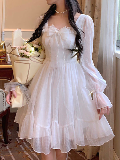 French Sweet Fairy Lolita Dress Long Sleeve Lace Y2k Mini Dress Vintage Kawaii Clothes One Piece Dress Korean spring